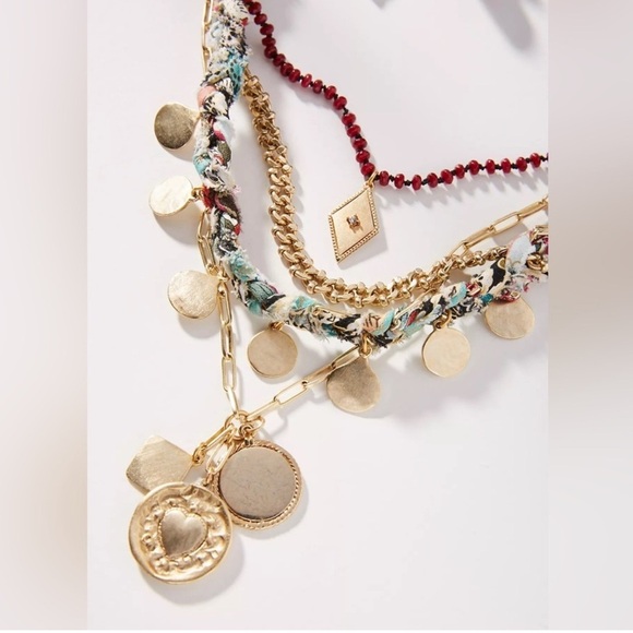 New Anthropologie Aspen Stone Layered Necklace Gold Charm Textile - Picture 2 of 9